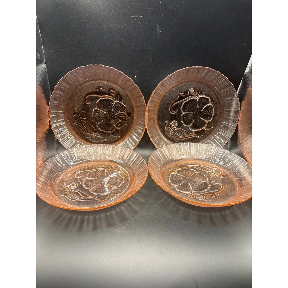Vintage Pink Glass Bowls Plates Set of 4 Nova Crisa Mexico Hibiscus Floral Retro - Picture 6 of 6